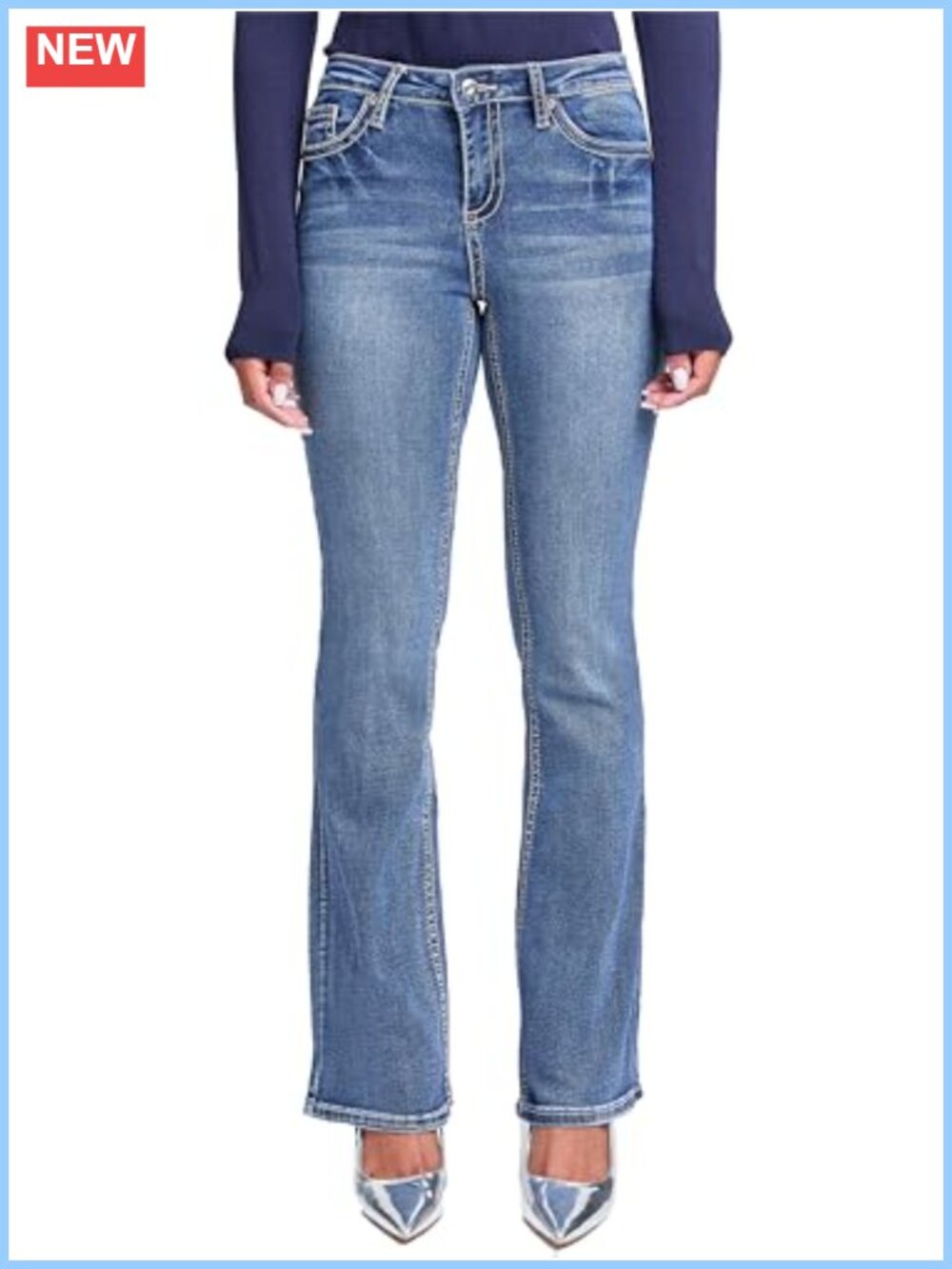 Mid Rise Heavy Stitch Bootcut Cross Studded Jeans